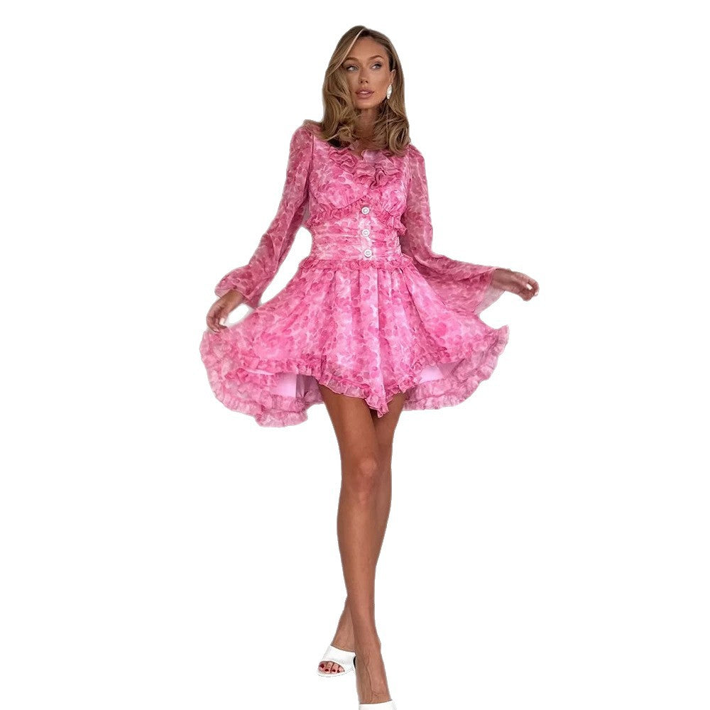 Damen Kurzes Rüschen‑Kleid mit tailliertem Korsettbund und Ballonärmeln Drune