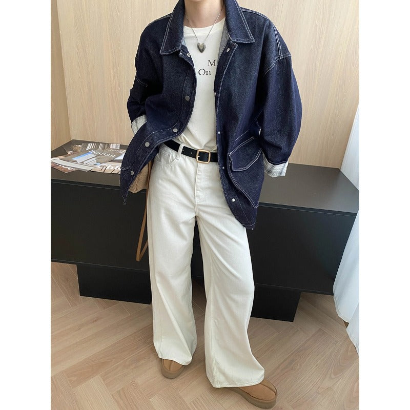 Damen lässige Jeansjacke im Vintage-Stil mit aufgesetzten Taschen und Druckknöpfen Drune