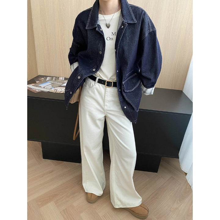 Damen lässige Jeansjacke im Vintage-Stil mit aufgesetzten Taschen und Druckknöpfen Drune