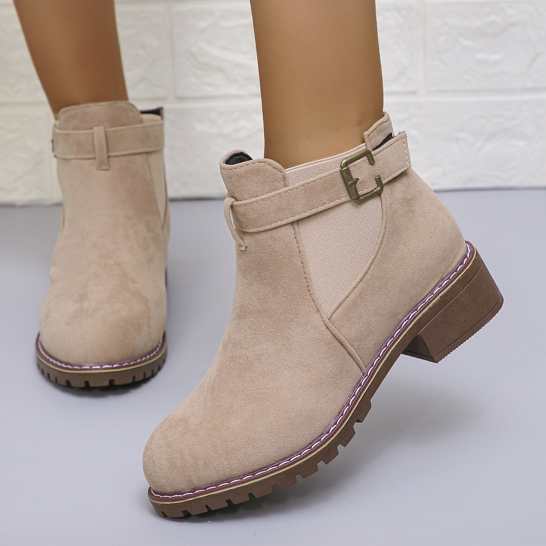 Damen kurze Ankle-Boots im Vintage-Velours-Look mit Schnallenriemen und profilierter Gummisohle Drune