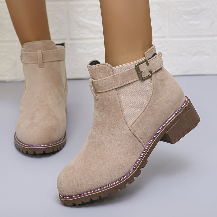 Damen kurze Ankle-Boots im Vintage-Velours-Look mit Schnallenriemen und profilierter Gummisohle Drune