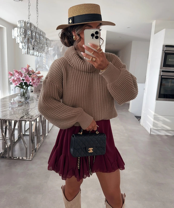 Damen Strickpullover mit hohem Kragen und voluminösen Ärmeln Drune