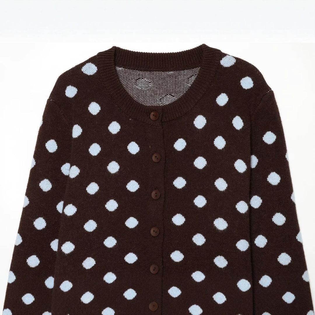 Damen Kurzgeschnittener Gepunkteter Feinstrick-Cardigan mit Rippbündchen und Knopfleiste Drune