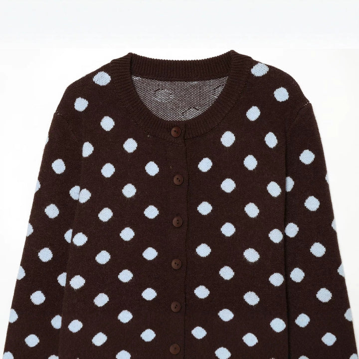 Damen Kurzgeschnittener Gepunkteter Feinstrick-Cardigan mit Rippbündchen und Knopfleiste Drune