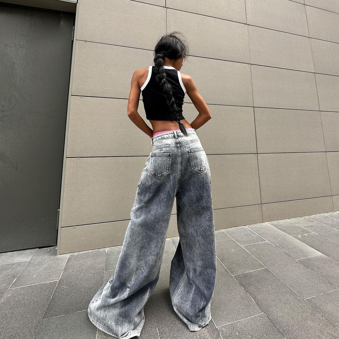 Damen Weite Jeanshose im Vintage-Stil mit hohen Seitentaschen Drune