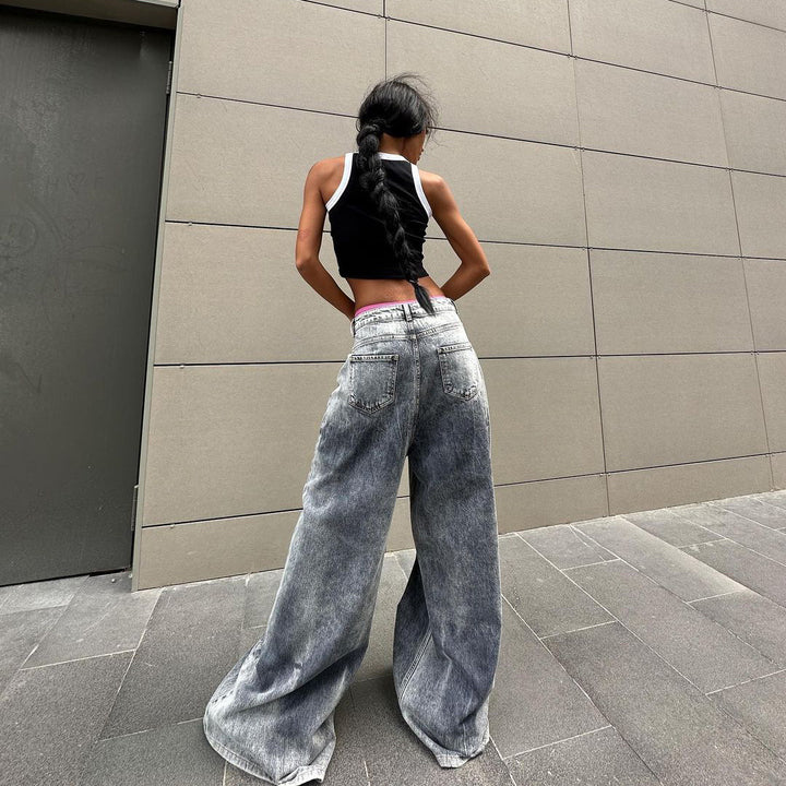 Damen Weite Jeanshose im Vintage-Stil mit hohen Seitentaschen Drune