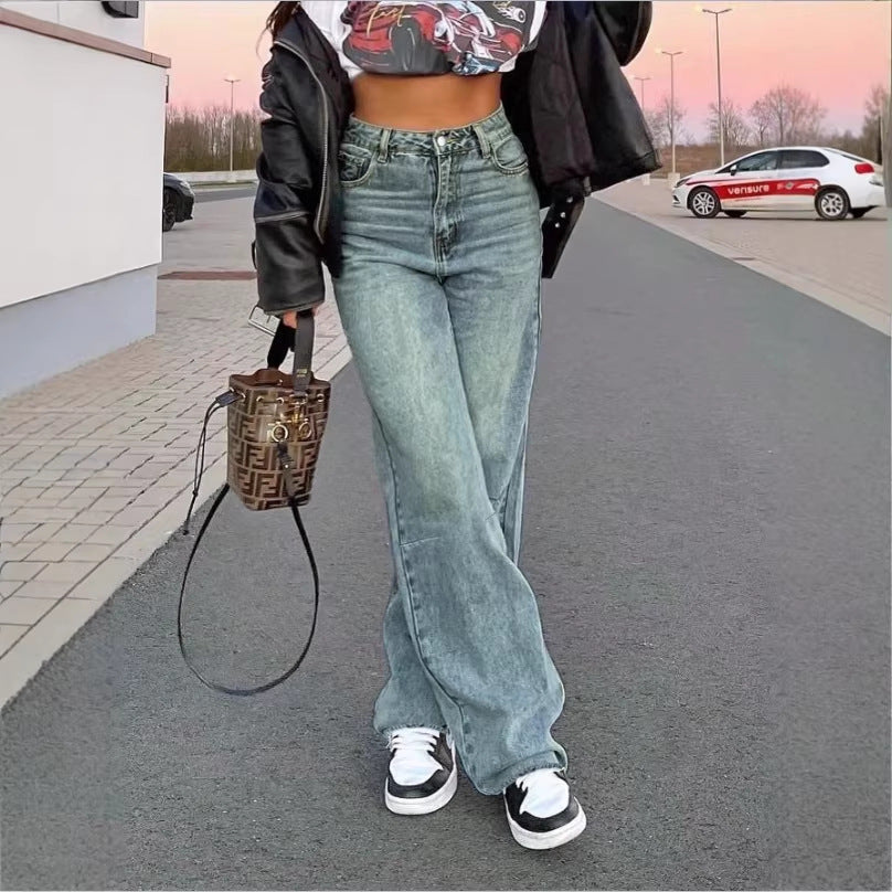 Damen High-Waist Weite Vintage-Denim Baggy-Jeans mit entspanntem Schlag Drune