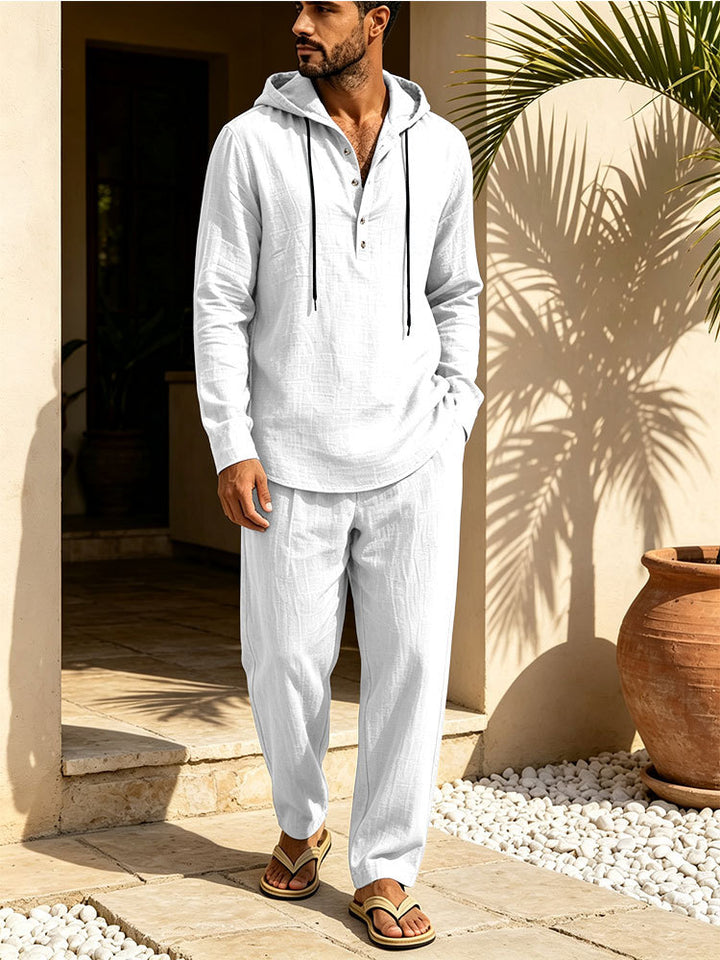 Herren Lässiges Leinen-Look Freizeit-Set mit Kapuzenhemd und weiten Hosen Drune