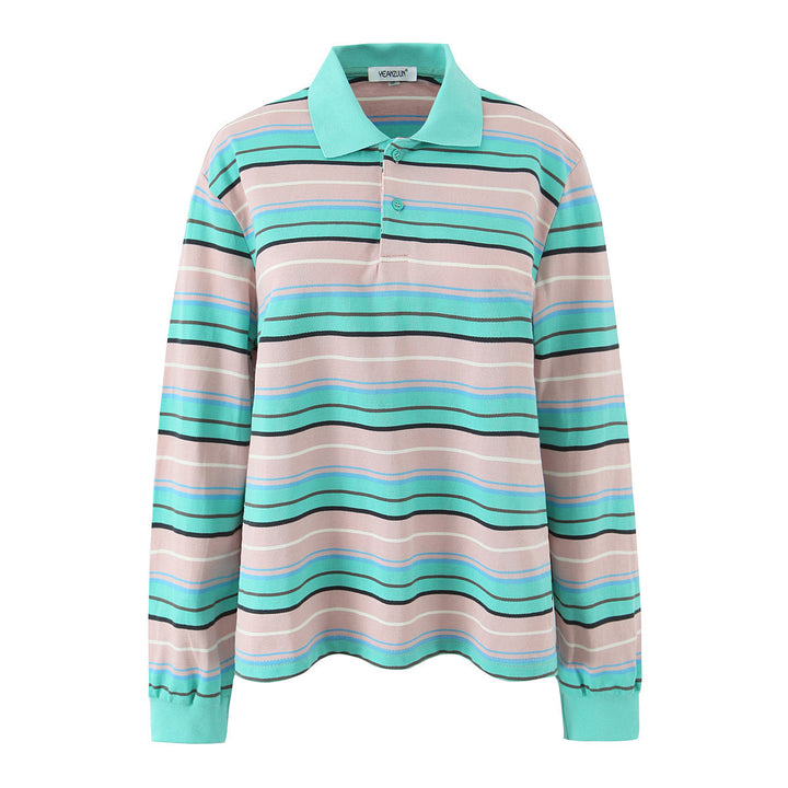 Herren Langärmeliges Poloshirt im Retro-Streifenmuster mit Rippbündchen und Knopfleiste Drune
