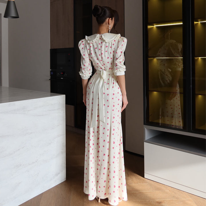 Damen Maxikleid mit eleganter Kragenkante und floralen Akzenten Drune