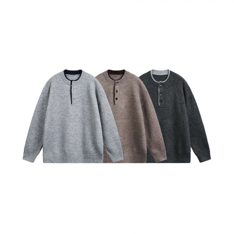 Unisex Grobgestrickter Henley-Pullover mit halber Knopfleiste und geripptem Ausschnitt Drune