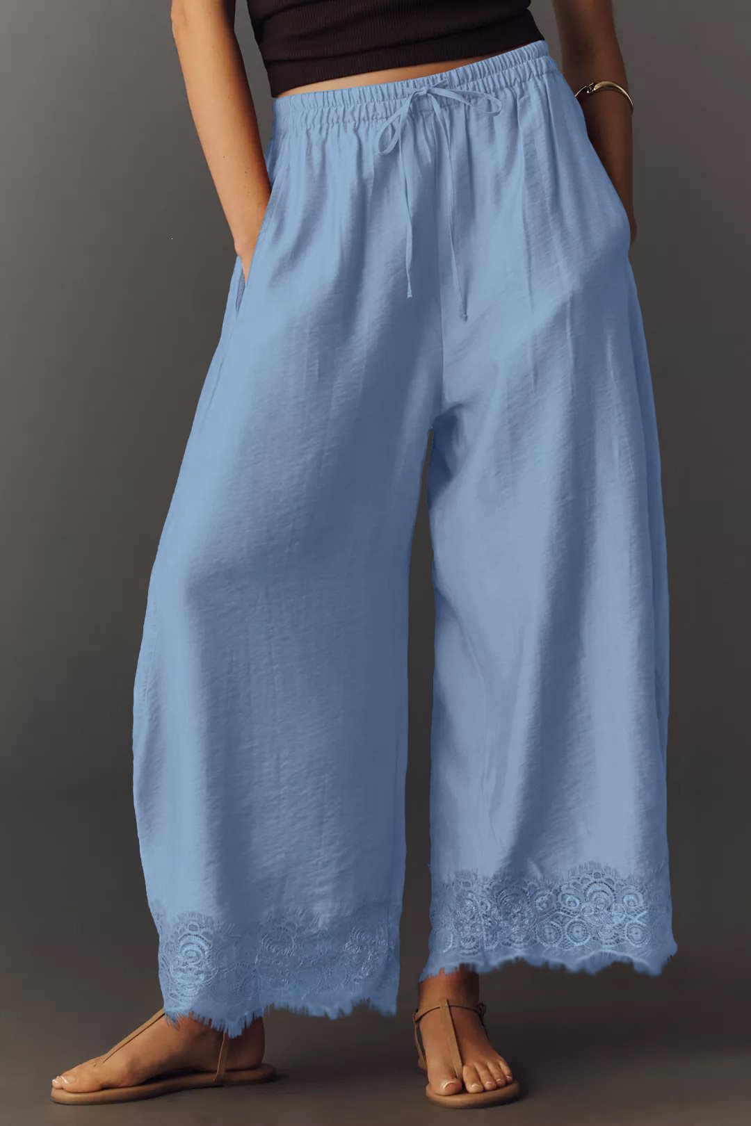 Damen Weite Palazzo-Hose mit elastischem Tunnelzugbund und Spitzenbesatz Drune