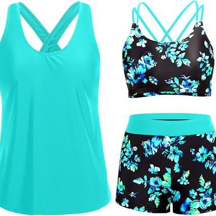 Damen Sportliches Tankini-Set mit floralem Oberteil und Shorts Drune
