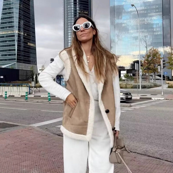 Damen warme Fleece-Weste mit klassischem Kragen und praktischen Taschen Drune