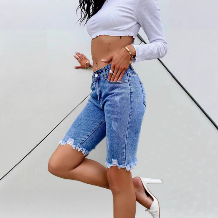 Damen Denim-Bermudashorts mit fransigem Saum und modernem Schnitt Drune