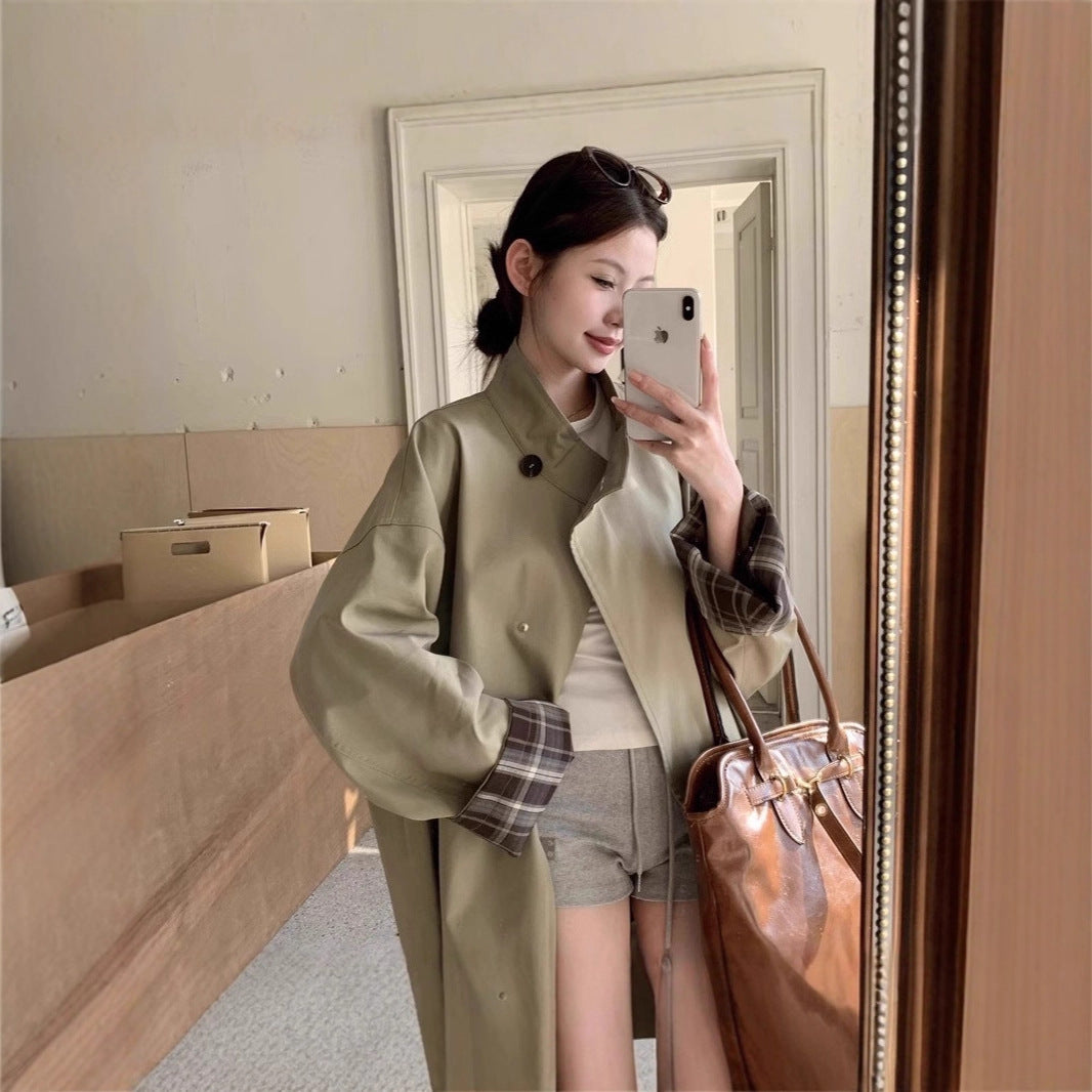 Damen Oversized Kurzmantel mit Stehkragen und kariertem Ärmelfutter Drune