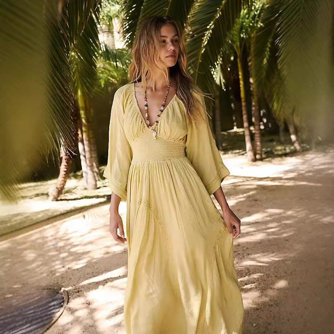 Damen luftiges Maxikleid mit tiefem V-Ausschnitt und praktischen Taschen Drune