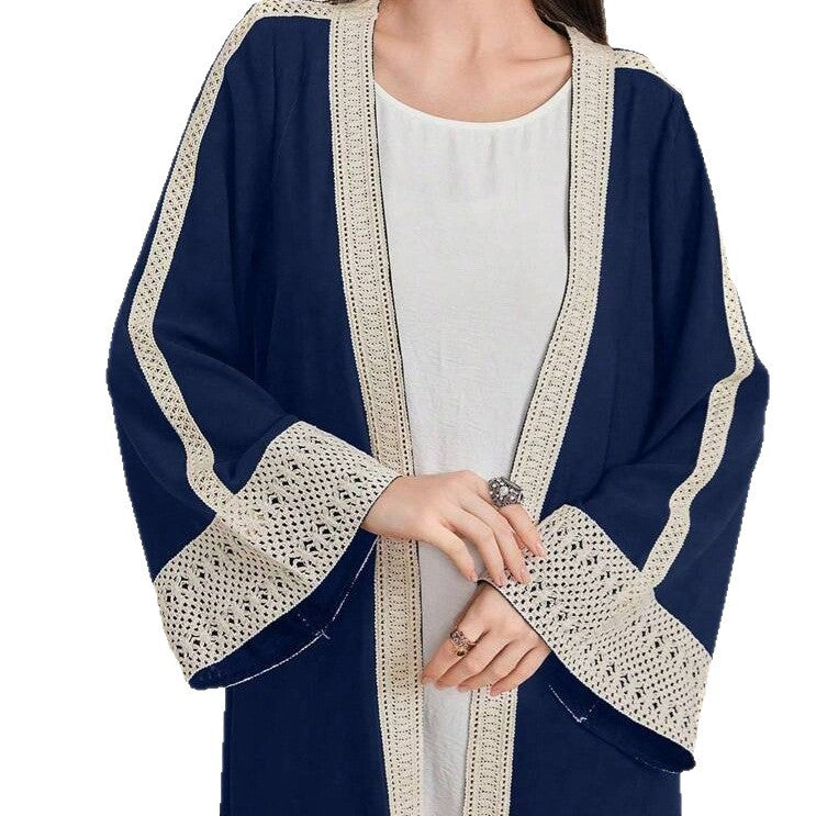 Damen Langes Open‑Front Kaftan‑Mantel mit Häkelspitzenbesatz Drune