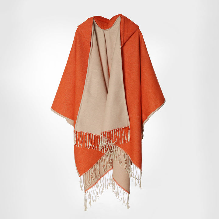 Damen Kapuzencape aus Wollmix mit Wendefunktion und Fransensaum Drune