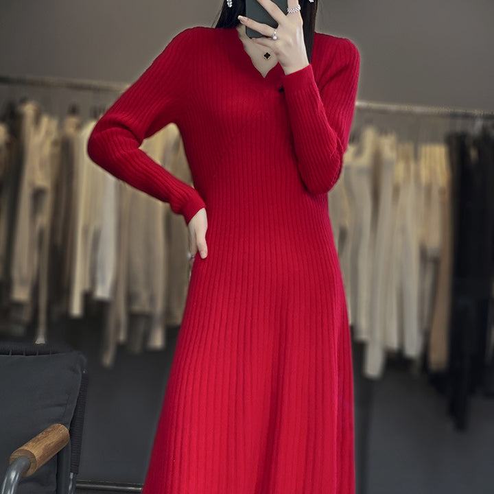 Damen Langes geripptes Strickmidikleid mit taillierter Silhouette und A‑Linien-Rock Drune