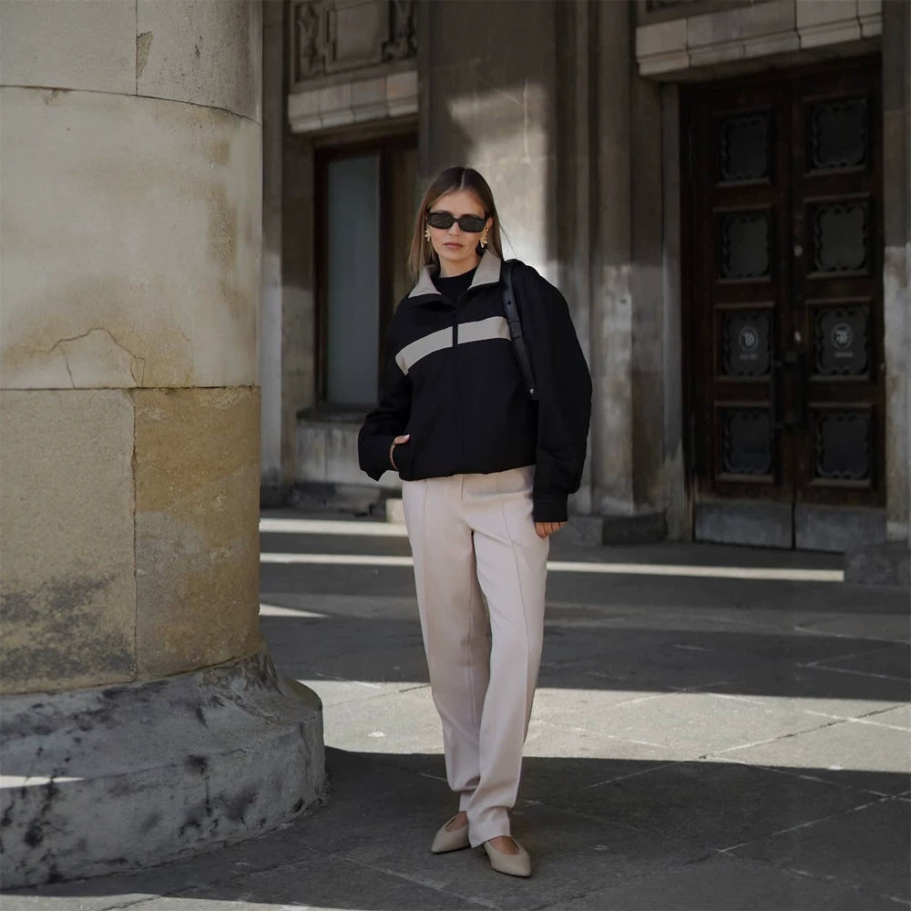 Damen Cropped Bomberjacke mit Kontraststreifen, Stehkragen und kastiger Silhouette Drune