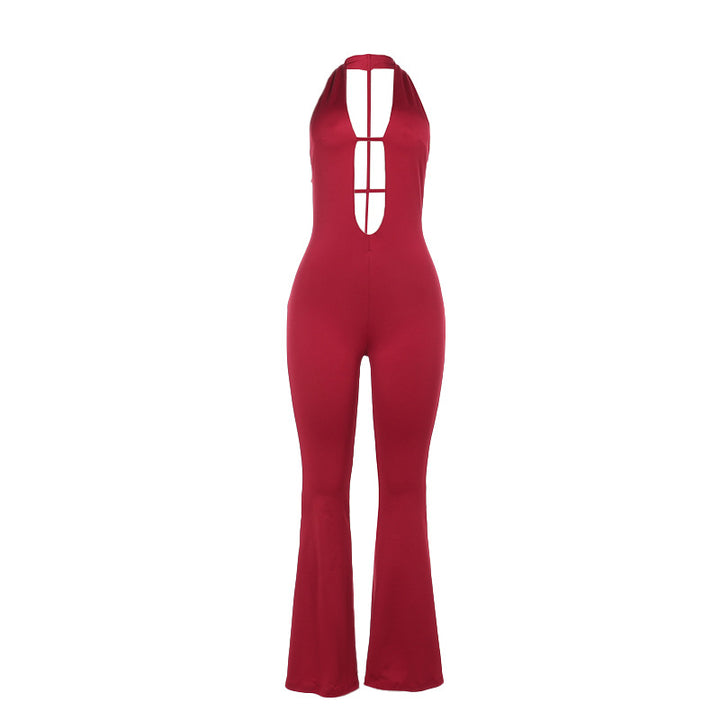 Damen figurbetonter Overall mit tiefem V-Ausschnitt und weitem Bein Drune