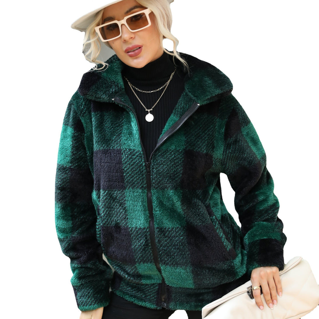Damen Plüsch-Hoodiejacke mit trendigem Karomuster und praktischen Reißverschlusstaschen Drune