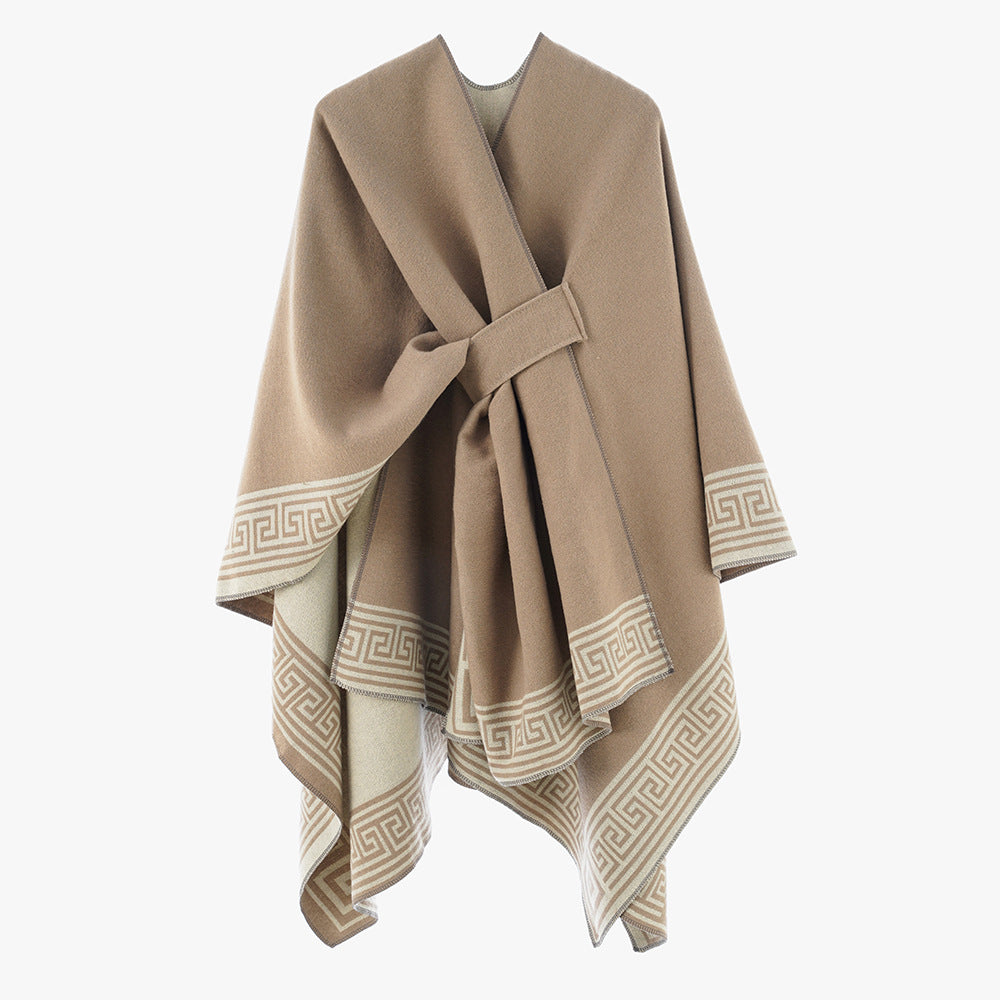 Damen Cape-Umhang aus Wollmix, reversibel mit Bindegürtel und Mäanderbordüre Drune