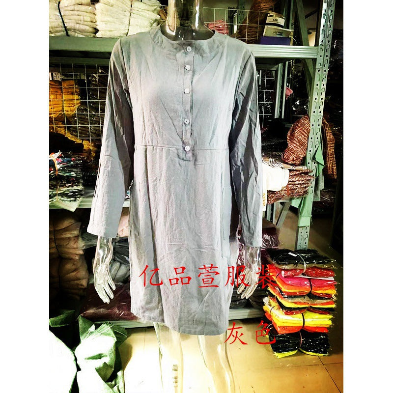 Damen Locker geschnittenes Leinenoptik-Kleid mit dreiviertel-Ärmeln, Knopfleiste und Eingrifftaschen Drune