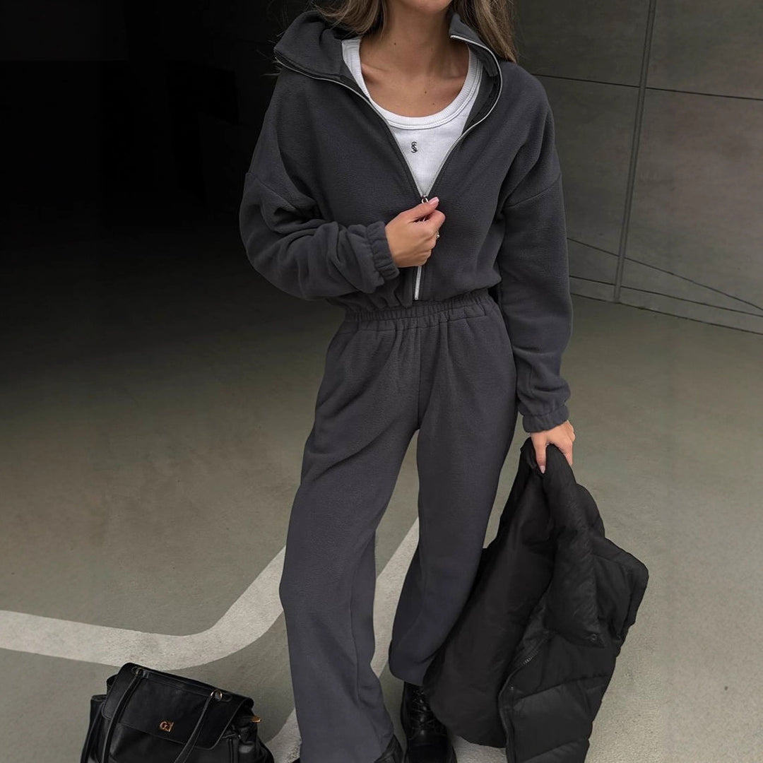 Damen Lässiger Fleece-Hausanzug mit Zip-Kapuze und elastischem Taillenbund Drune