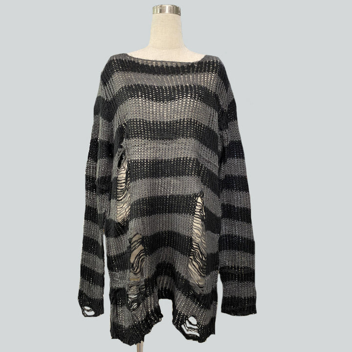 Damen nan Oversized Grobstrickpullover mit breiten Blockstreifen und aufgerissenem Design Drune