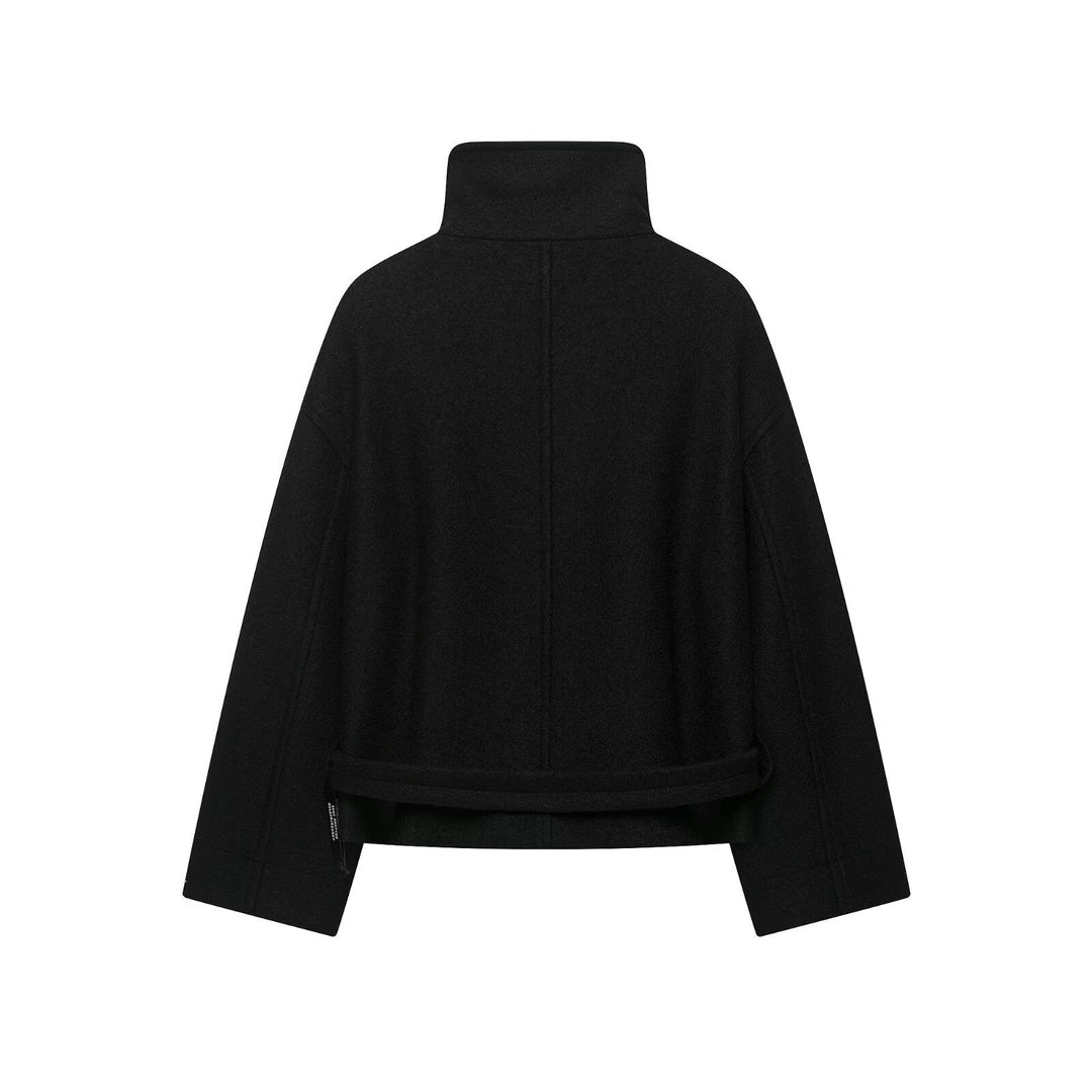 Damen Boxy-Capejacke in Wolloptik mit hoher Kragenblende und Knebelverschlüssen Drune