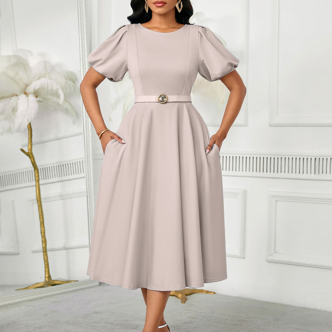 Damen Midi-Kleid mit Puffärmeln und tailliertem Gürtel Drune