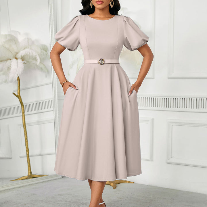 Damen Midi-Kleid mit Puffärmeln und tailliertem Gürtel Drune