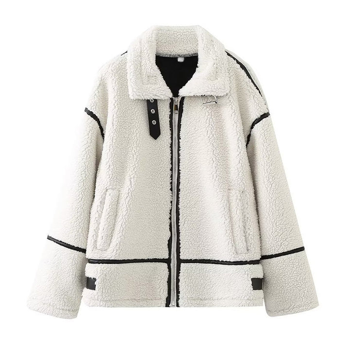 Damen gemütliche Teddy-Fleecejacke mit schickem Kragen Drune