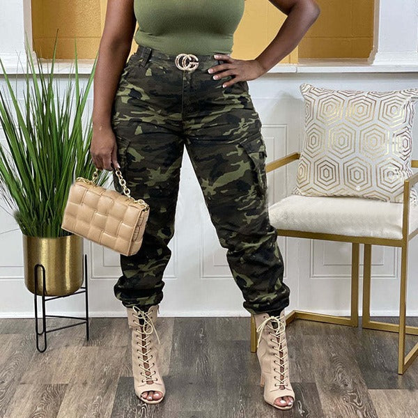 Damen Cargo-Hose mit Camouflage-Muster und hohem Bund Drune