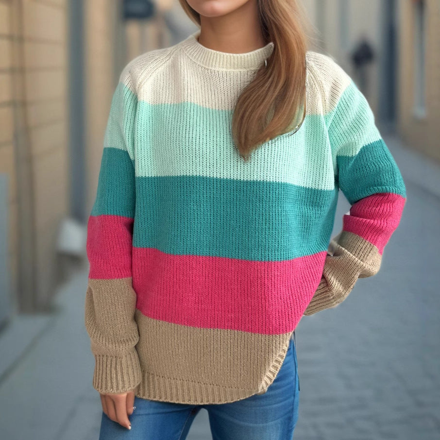 Damen lässiger Strickpullover mit bunten Blockstreifen und weitem Schnitt Drune