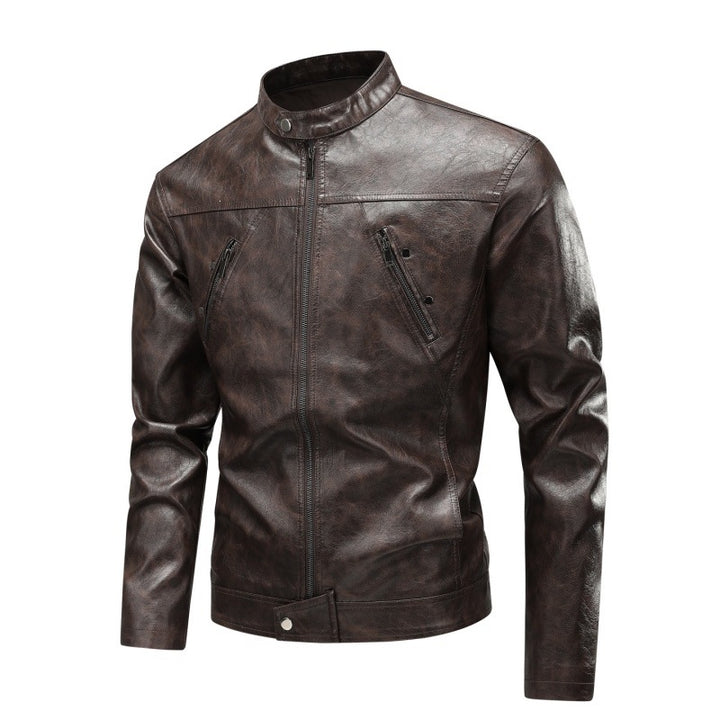 Herren Kunstleder-Bikerjacke mit Stehkragen, diagonalem Brustzipper & schmaler Silhouette Drune