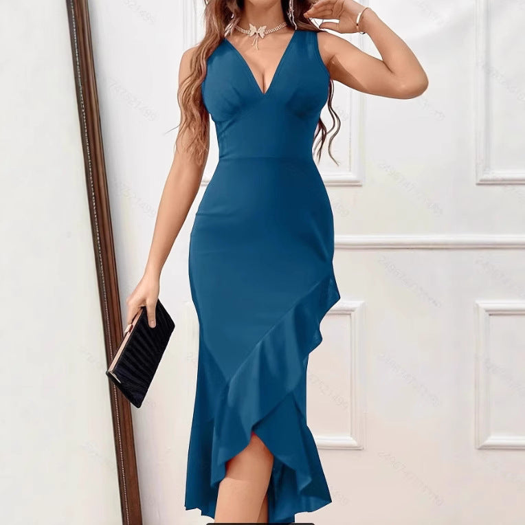Damen Charmantes Maxikleid mit asymmetrischem Saum und V-Ausschnitt Drune