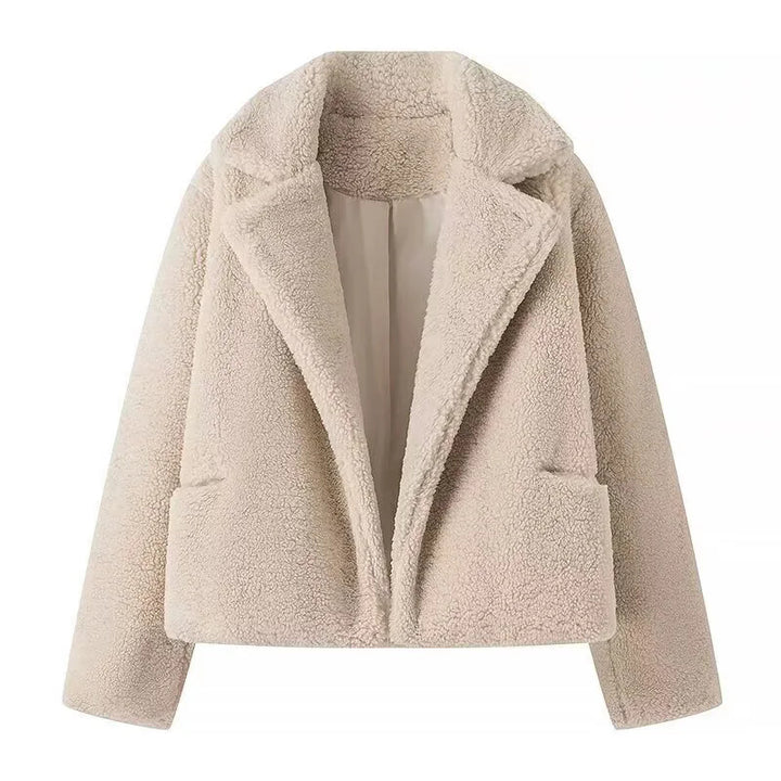 Damen nan kurz geschnittene Kunstfell-Teddyjacke mit breitem Reverskragen, wattierter Innenlage und seitlichen Eingrifftaschen Drune