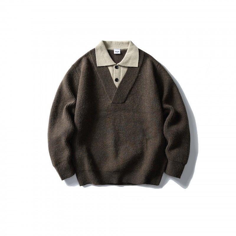 Herren Strick-Polo-Pullover mit Oversize-Schnitt, V‑Einsatz und Kontrastkragen Drune