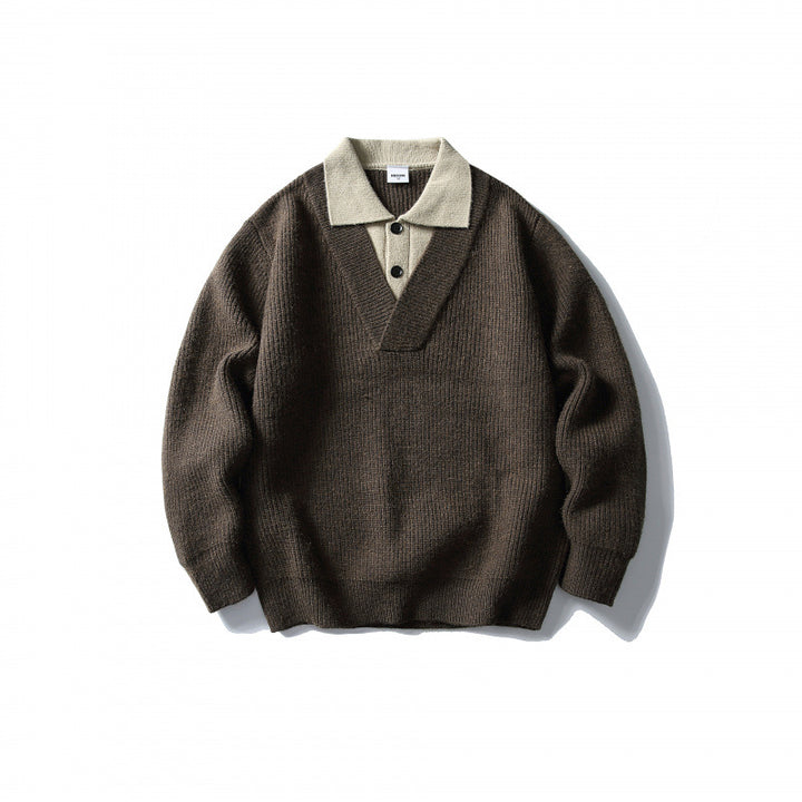 Herren Strick-Polo-Pullover mit Oversize-Schnitt, V‑Einsatz und Kontrastkragen Drune
