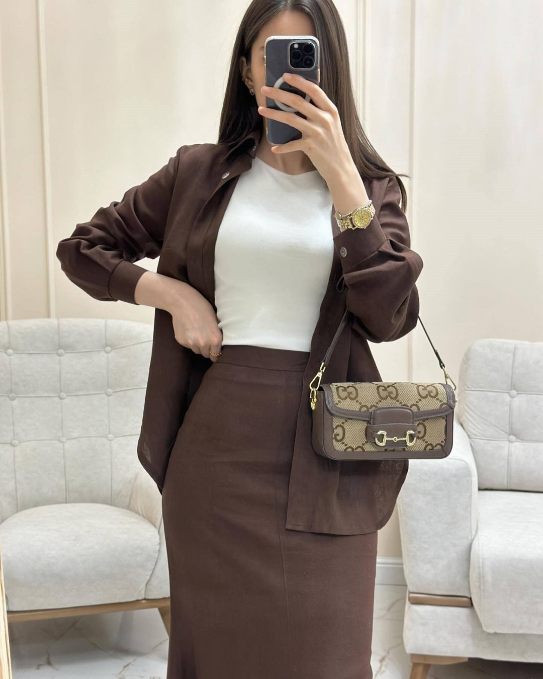 Damen Zweiteiliges Set Schlauchmaxirock mit ausgestelltem Saum und Oversize-Hemd Drune