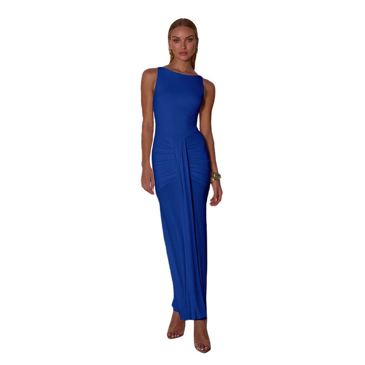 Damen Elegantes Maxikleid mit asymmetrischem Ausschnitt und Raffungseffekten Drune