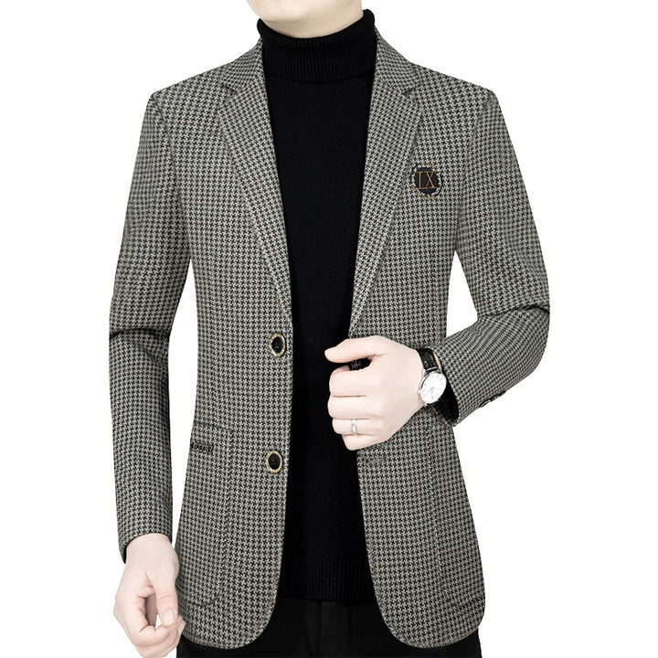 Herren Slim-Fit Sakko mit Hahnentritt-Muster und Wappen-Emblem Drune
