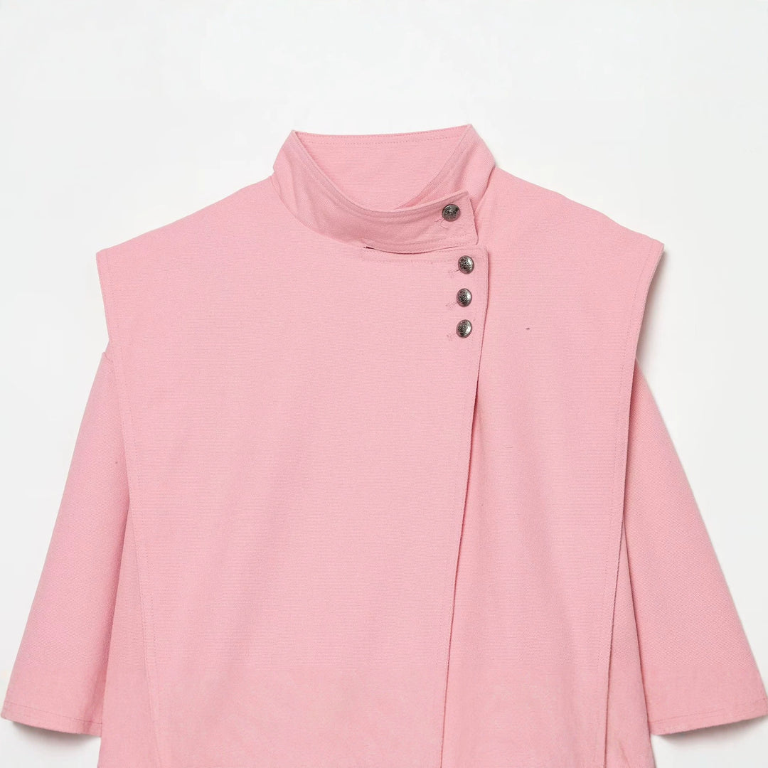 Damen kurze Boxy-Jacke mit Stehkragen und asymmetrischer Knopfleiste Drune