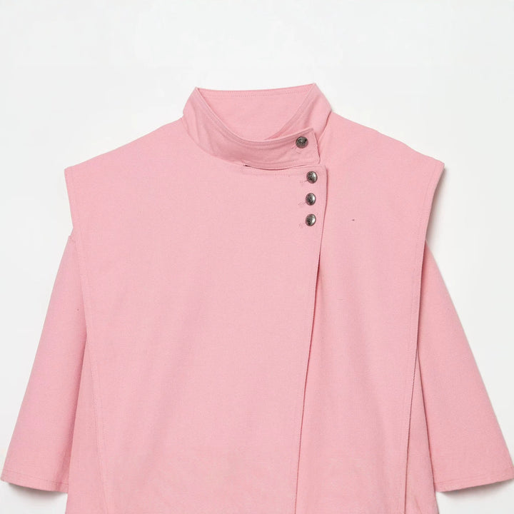 Damen kurze Boxy-Jacke mit Stehkragen und asymmetrischer Knopfleiste Drune