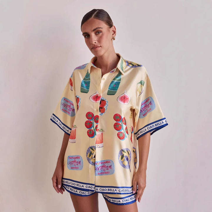 Damen Set bestehend aus stilvollem Kurzarm-Hemd und Shorts im sommerlichen Design Drune