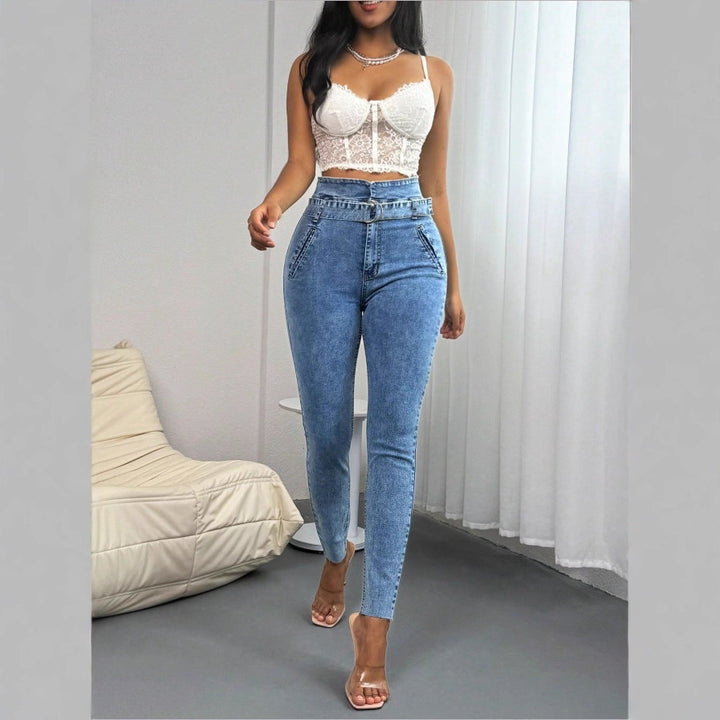 Damen Hochtaillierte Slim‑Skinny‑Jeans mit D‑Ring‑Gürtel und schrägen Eingrifftaschen Drune