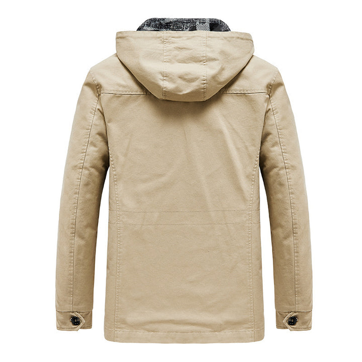 Herren Leichte Canvas-Fieldjacke mit Kapuze, Multifunktionstaschen und Camouflage-Futter Drune